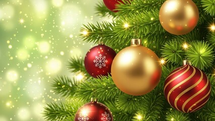 Fototapeta premium Festive ornaments adorn a Christmas Tree: Festive ornaments shimmer against a backdrop of soft light and snowy sparkle, offering a perfect blend of elegance and holiday cheer.