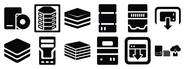 Minimalist black silhouette of a offline storage vector icon set.
