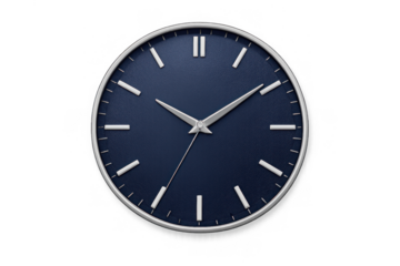 Blue clock face with metallic rim and white markers showing passing time, deadline, punctuality, and schedule on transparent background