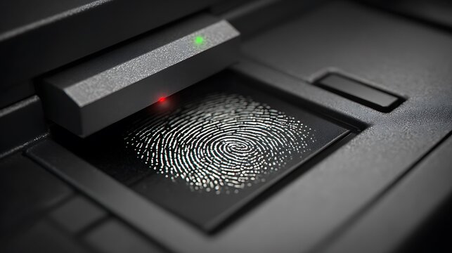 A close-up view of a fingerprint being scanned by a futuristic-looking security system - Powered by Adobe