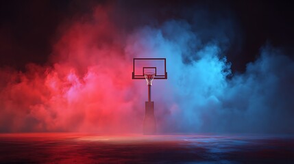 A basketball hoop stands in vibrant red and blue smoky atmosphere, with a dark backdrop