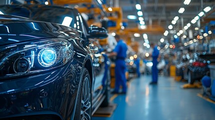 Workers assemble cars in a busy factory during the day with machinery and tools in view