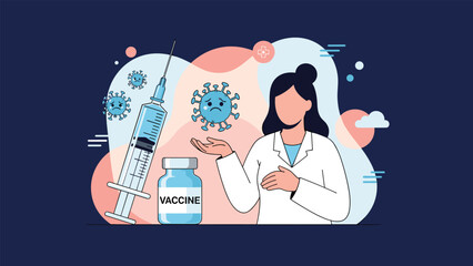 Female doctor presents the covid-19 vaccine bottle and syringe next to virus icons to promote immunization and public health.