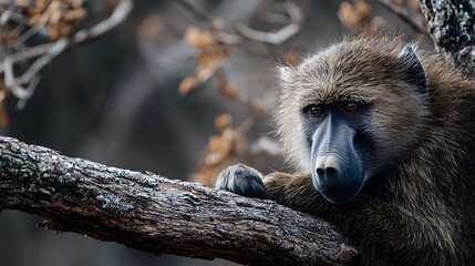 A close-up portrait of a baboon perched on a tree branch, observing attentively