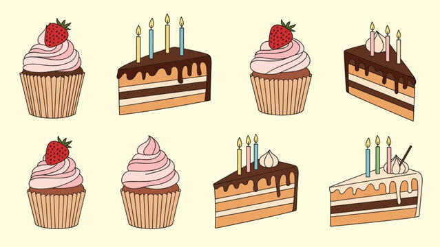 Selection of beautifully illustrated cake slices and cupcakes with chocolate dripping and colorful birthday candles for celebrations.