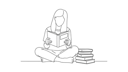 Minimalist line drawing of a young woman sitting on the floor reading a book with a stack of more books next to her.
