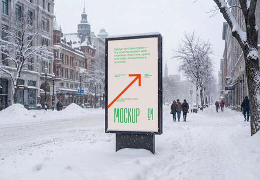 Template Mockup Outdoor City Billboard Poster Advertising Branding and Identity in Winter Snow Street