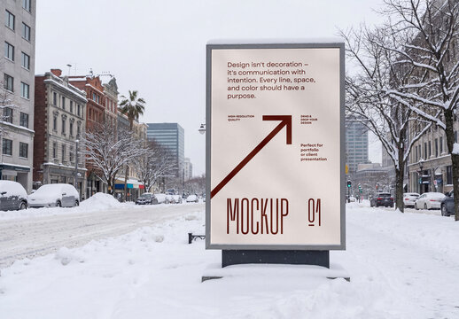 Template Mockup Outdoor City Billboard Poster Advertising Branding and Identity in Winter Snow Street
