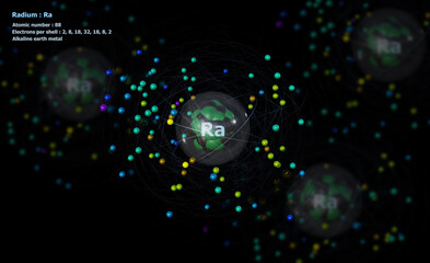 Atom of Radium with detailed Core and its 88 Electrons with Atoms in background