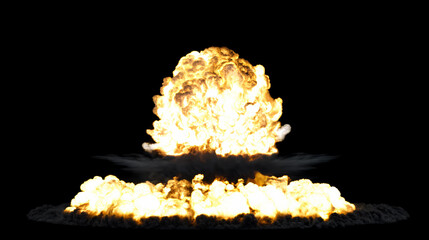 Isolated large nuclear blast with bright golden flame on top and dark smoky base with intense light and shadow on a black background