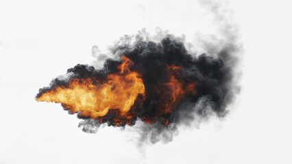 Isolated large swirling cloud of black smoke billowing outwards with a bright orange and yellow fiery fire inside on a white background