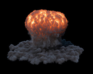 Isolated massive Nuke explosion with bright orange and yellow fire ball at the center and dark plume of smoke spreading outward on a black background