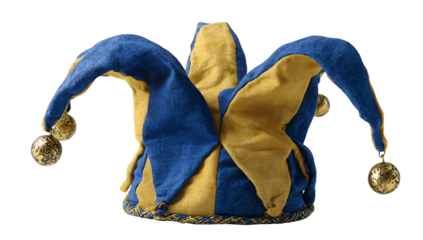 A jester's hat with blue and gold sections, bells attached