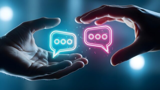 Two human hands with glowing blue and pink chat bubbles. Digital communication and interaction. Online messaging and social media concept. - Powered by Adobe