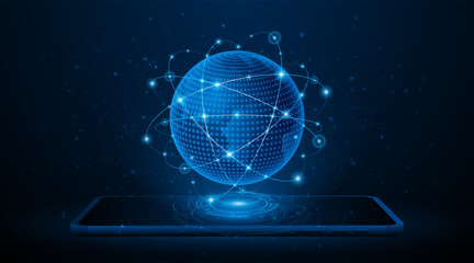 Global connection network background. World map set on a tablet or smartphone. Internet technology concept, wireless network or global communication