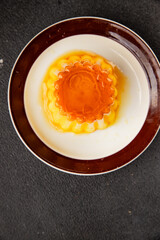 Flan dessert caramel pudding sweet dessert cream tasty snack fresh delicious gourmet food background on the table rustic food top view copy space