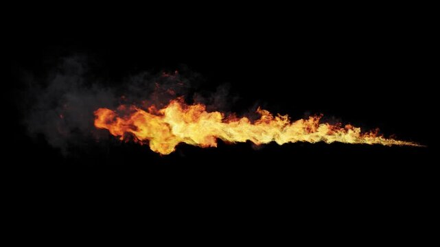 Isolated Long Flame Thrower start from zero at right finish at left with Orange and Yellow fiery colors and swirly fire on a black background