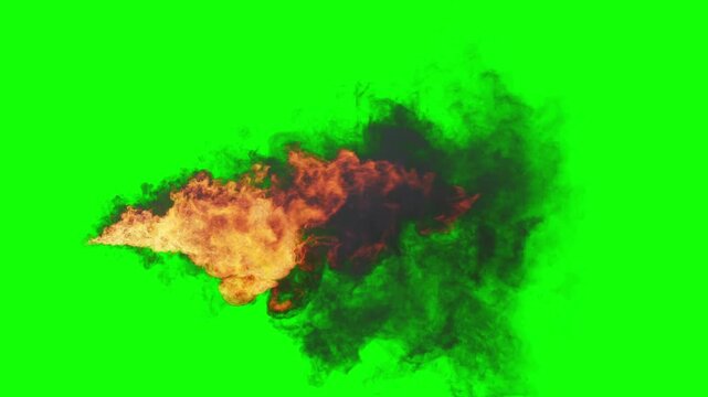 Isolated Long Flame Thrower start from zero at left finish on right with Orange and Yellow fiery colors and turbulent fire on uniform green background