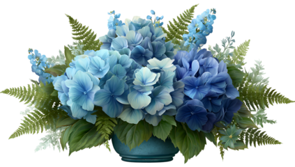 A vibrant arrangement of blue hydrangeas and greenery in a small ceramic pot