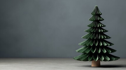 A paper Christmas tree made of green paper. It sits on a surface, gray backdrop