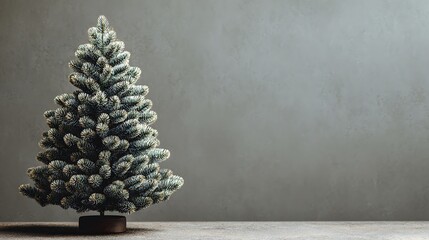 A small, decorated evergreen tree on a wooden base stands alone against a muted gray backdrop