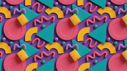 Vibrant abstract pattern with colorful 3D geometric shapes including circles triangles and squiggles on a purple background creating a retro design
