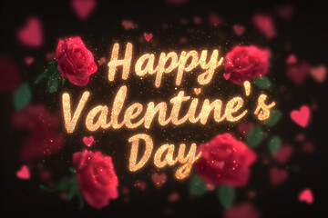 Golden happy valentine&rsquo;s day greeting with glowing letters and soft red roses on dark background, romantic holiday concept with bokeh lights and falling petals, festive love celebration banner