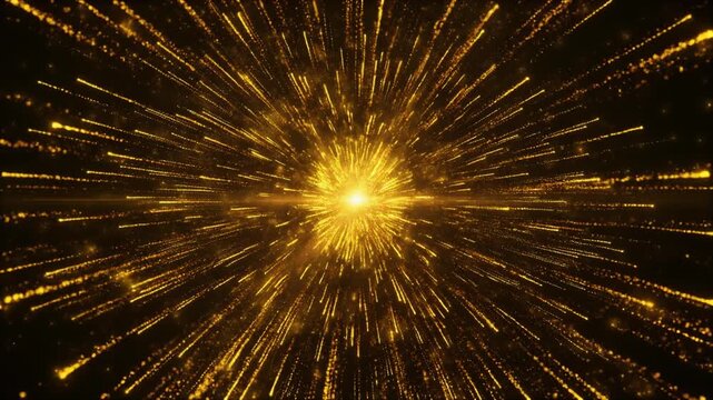 Explosion of golden light particles on black background　放射状に拡散する黄金の光の粒子背景素材