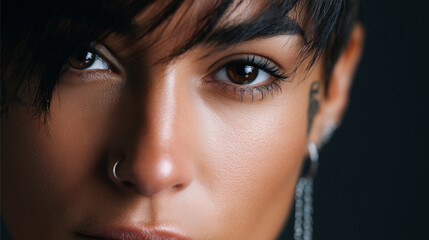 portrait of a middle aged woman with green blue eyes and nose ring, detailed natural skin texture and sharp focus on eyes, intense direct gaze into camera on dark background, realistic beauty tattoo