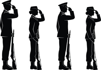 PrintBlack silhouette of male and female soldiers in uniform saluting with rifles, perfect for veterans day and military honor themes.