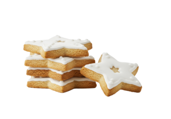 Freshly baked star-shaped sugar cookies with golden-brown edges, bright white royal icing, stacked and one beside, on a transparent background with extensive copy space Delicious festive holiday