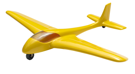 A glossy, yellow toy airplane with a transparent cockpit and black wheels
