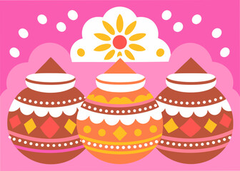 Three decorated clay pots with sun motif