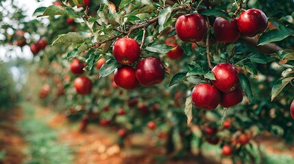Close-up of vibrant red fruit hanging from tree branches in a sunny orchard