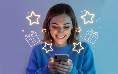 A happy woman is looking at mobile phone with shiny stars and gift icons in background. Rewards, loyalty program, shopping online, promotion & digital marketing.
