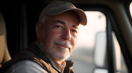 Smiling older male truck driver in golden hour sunlight inside vehicle cabin
