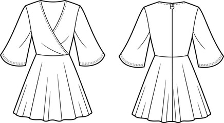 PrintFashion technical sketch of a women's wrap front mini dress with flared bell sleeves and a pleated skater skirt.