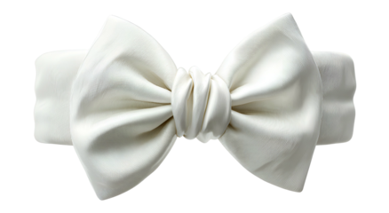 A close-up of a stylish white bow tie headband on a transparent background