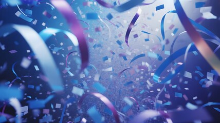 Vibrant blue and purple confetti and streamers gracefully fall through the air creating a dazzling festive celebration background with sparkling light