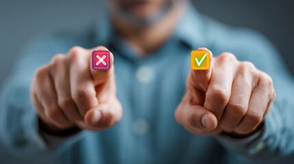 Person's hands pointing at two icons on their fingers, one red with an X and the other green with a checkmark.