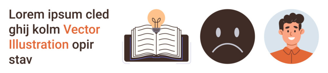 Fototapeta premium Education, creativity, emotions, human relationships, learning, and self-expression. Open book with a light bulb, sad face and smiling person. Education and creativity concept