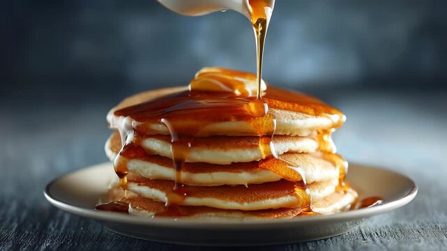 Syrup being poured over a stack of pancakes on a plate
