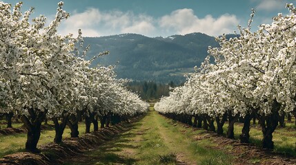 Rows of blossoming trees lead the eye towards a mountain under a partly cloudy sky