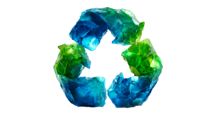 A three-arrow circular symbol rendered in crystal-like teal and emerald, on black