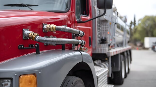 A close up view of a red fuel tanker truck s connected hoses and driver s side cab details