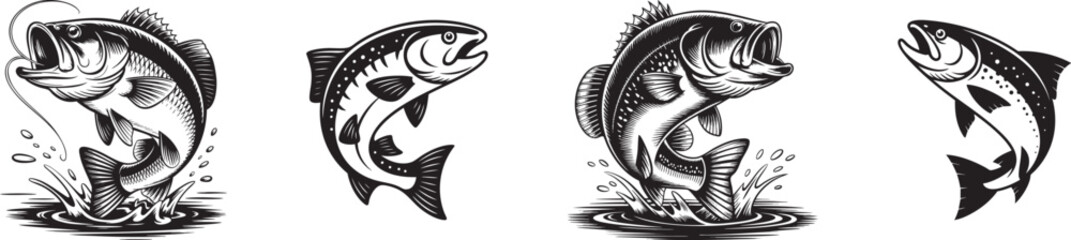 vintage jumping fish illustration set in bold black and white engraving style for fishing logos