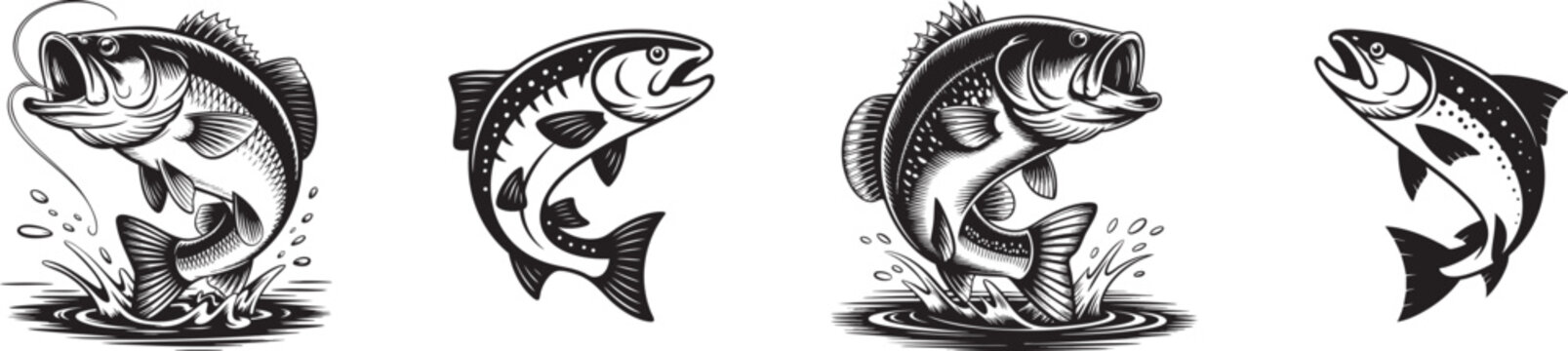 vintage jumping fish illustration set in bold black and white engraving style for fishing logos