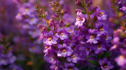 Close-up of delicate purple flowers with small blooms and green stems, soft focus background