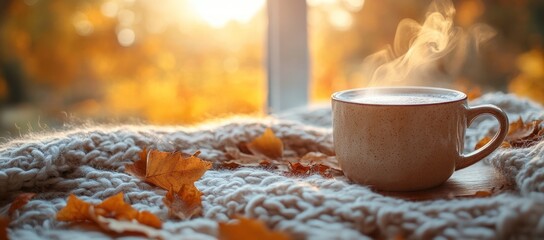 A steaming mug on a cozy knit blanket with autumn leaves by a sunlit window. Warm fall vibes