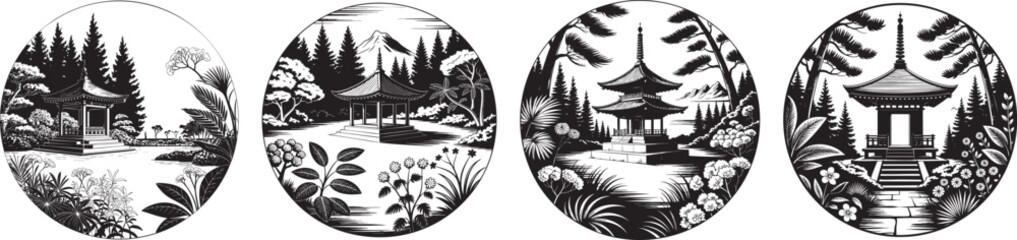 japanese garden pagoda illustration set in black and white vintage ink landscape style